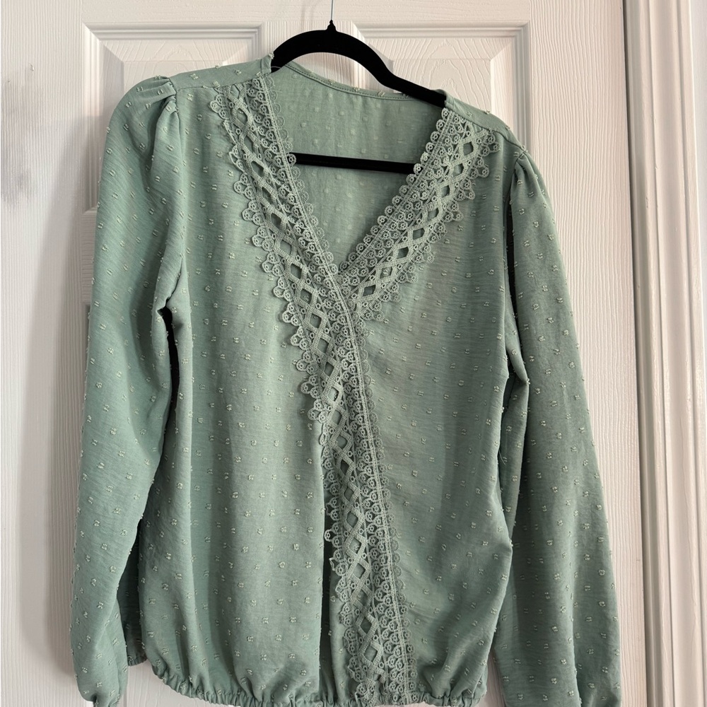 Women's Lace Trim Wrap-Style Blouse - Sage Green